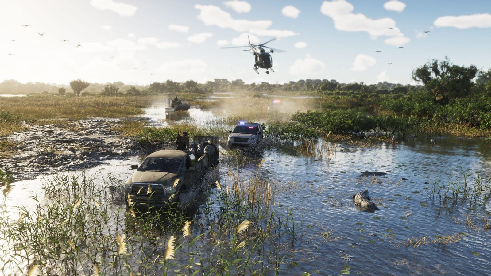 A pickup towing a trailer through the Grassrivers wetlands, chased by a police SUV and a helicopter, with an airboat and alligators in the water behind.