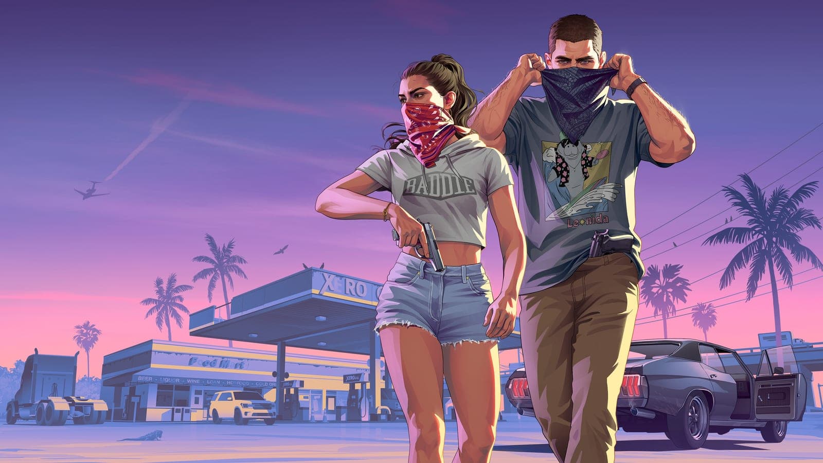A woman and a man walk away from a petrol station at dusk pulling bandanas over their faces, a pistol tucked into her waistband and a car door left open behind them.