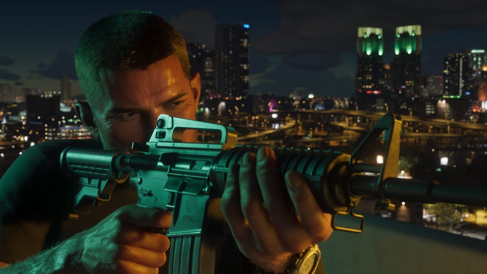 Jason Duval aiming an assault rifle at night, the Vice City skyline lit up behind him.