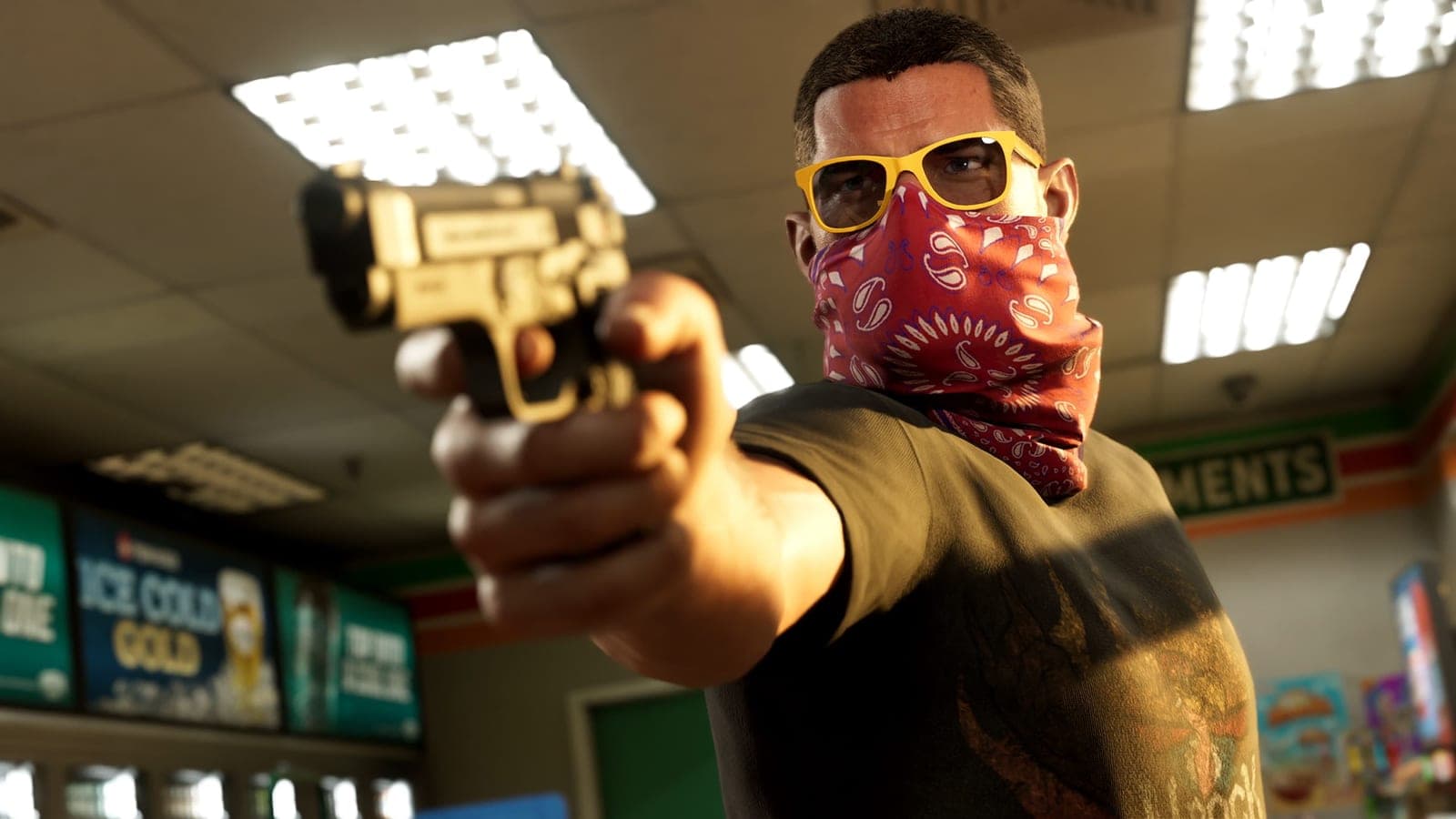Jason Duval pointing a pistol inside a convenience store, a red bandana over his face.