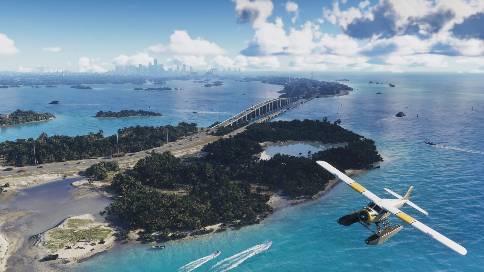 An aerial view of the Leonida Keys, low islands linked by a long bridge over turquoise water, with a seaplane passing overhead.