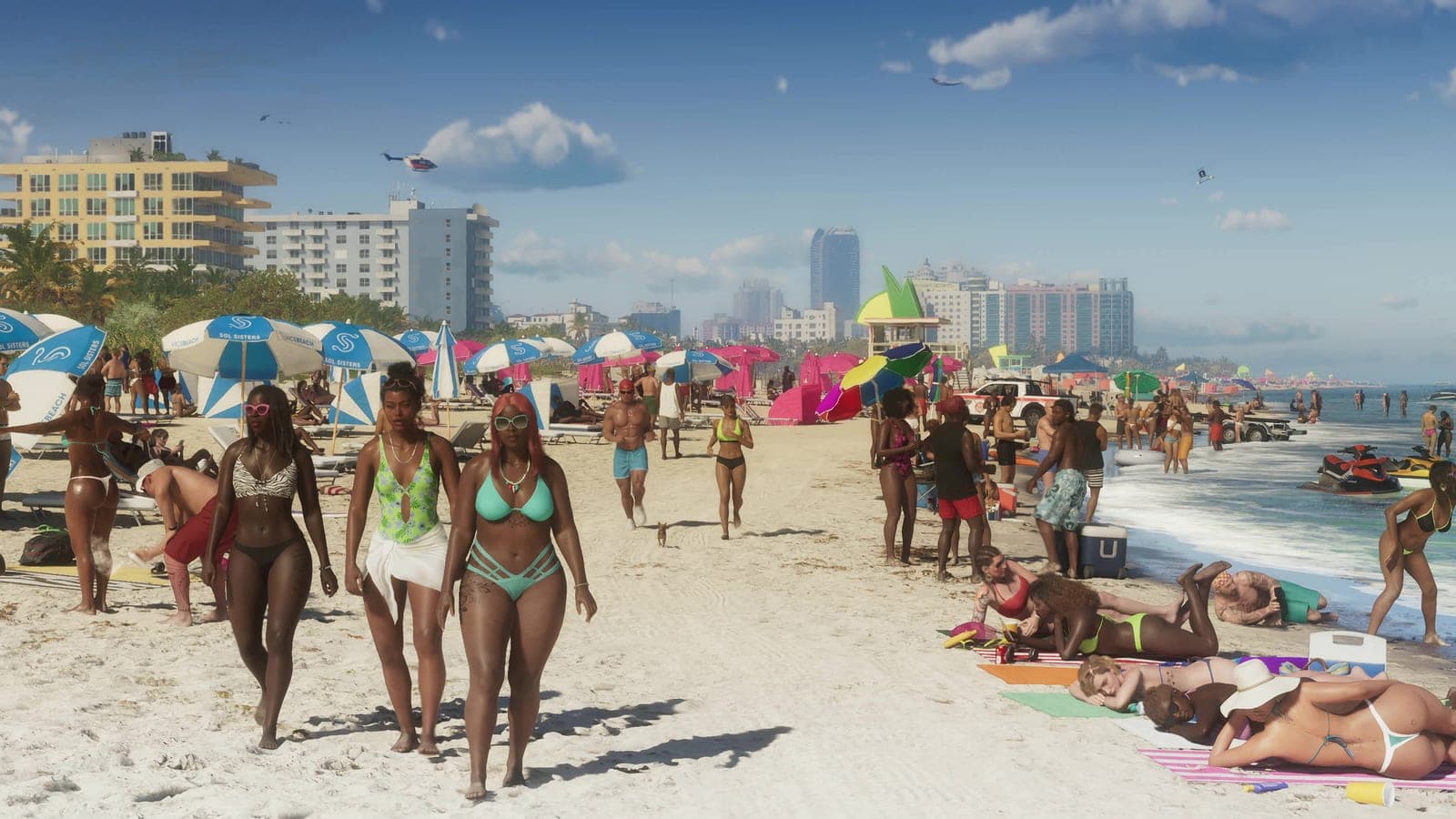 A crowded Vice City beach in full sun, hundreds of people on the sand and in the water.