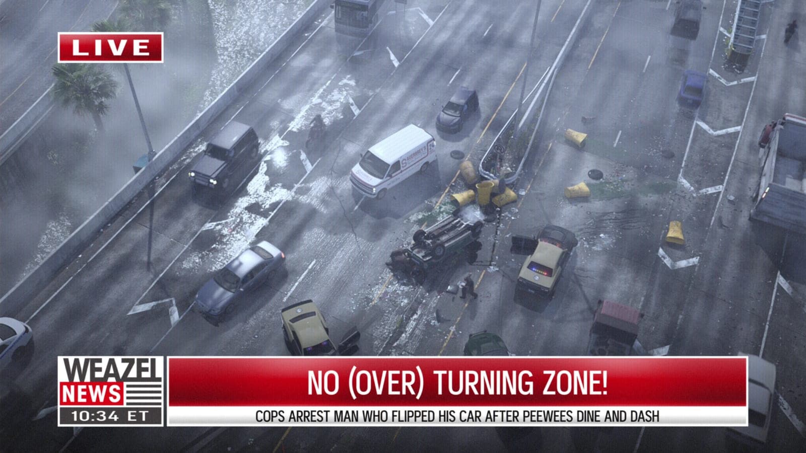 An aerial news-channel shot of a motorway crash scene, an overturned car surrounded by police vehicles, with a Weazel News live caption along the bottom.